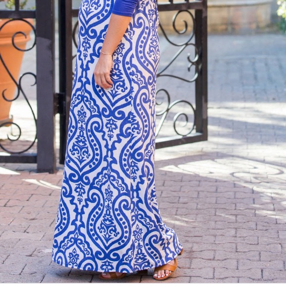 PinkBlush Royal Blue Damask Maternity Maxi Dress - Picture 3 of 6